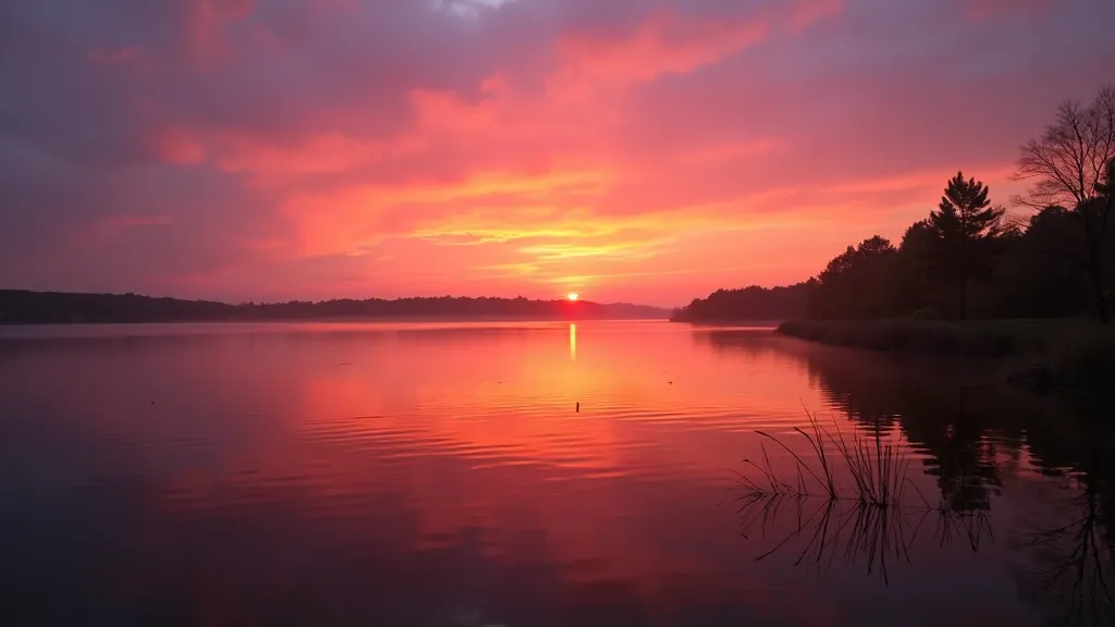 Skaista saulrietā pie Latgales ezera, debesis oranžas un violetas krāsas