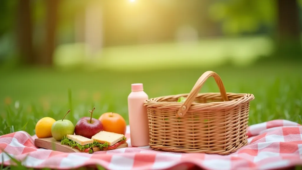Piknika groza satura paraugs ar augļiem, maizīti un dzērienu pudelēm
