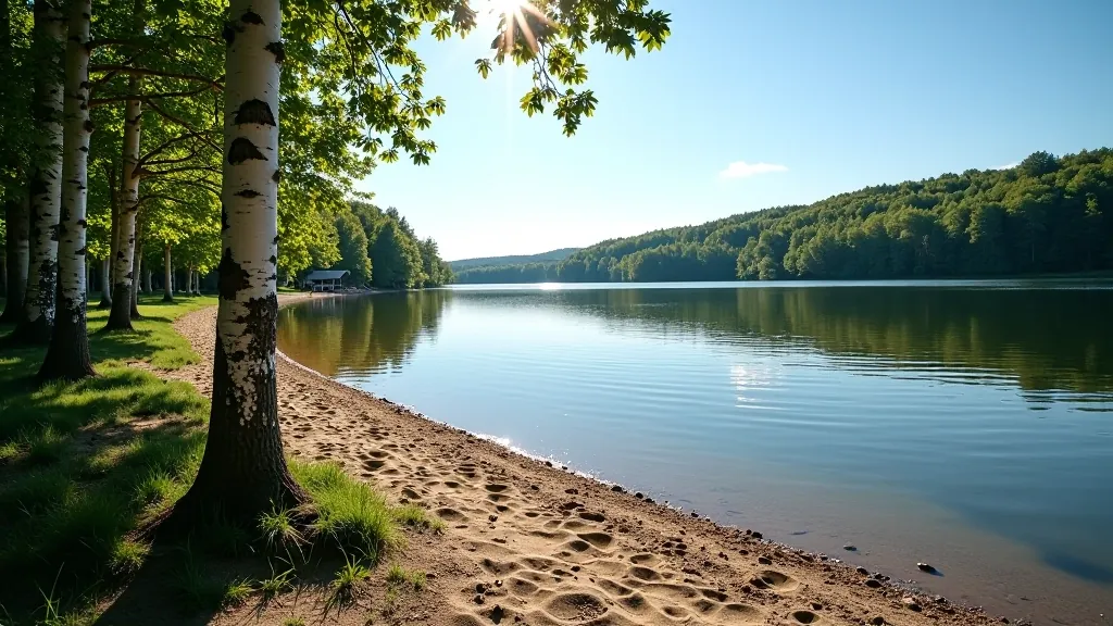 Mierpilna ezera piekraste ar birkas kokiem un sauli spēlējošu ūdeni, seniori relaksējās
